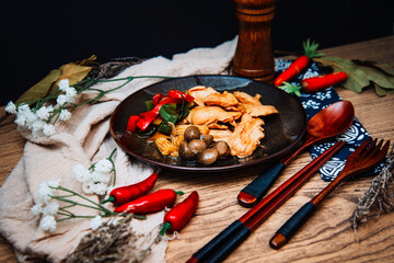 wok fried chicken stir fry with sweet peppers and chinese vegetables
