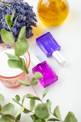 aromatic herbs, perfume in colored bottles and oils on a white background. Beauty, health and Spa. Relax