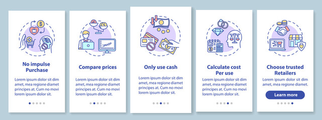 Smart spender tips onboarding mobile app page screen with concepts