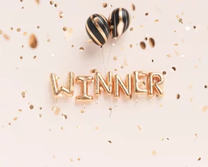 Foto auf Acrylglas Mädchenzimmer Siegerzeichen mit goldenem Konfetti. Banner Wort Gewinner Design rosa Hintergrund. 3D-Rendering