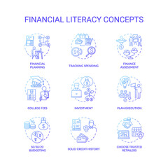 Financial literacy concept icons set. Wealthy retirement expectations. Best earning life tips. Smart spender advices idea thin line RGB color illustrations. Vector isolated outline drawings