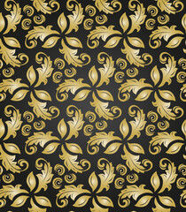Floral vector ornament. Seamless abstract classic background with lives. Pattern with golden elements. Ornament for fabric, wallpaper and packaging