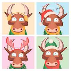 Winter  animals, Merry Christmas greeting cards, posters with cute bull, symbol of the new year 2021. 