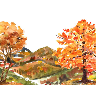 Fall Trees And Mountains Landscape Illustration. Watercolor Fall Tree And Hills Outdoor Scene Painting.