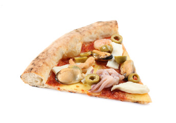 Slice of delicious seafood pizza isolated on white