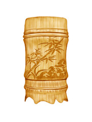 Watercolor Illustration of Chinese bamboo carving brush holder, a traditional art that integrates ornamental and practical use out of practical bamboo craftsmanship. Isolated on white background.|宝庆竹刻