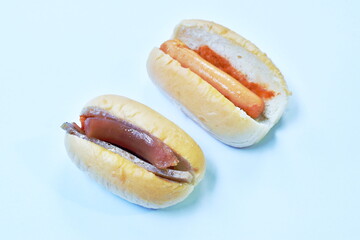 hot dog stuffed Chinese pork sausage with sauce on white background
