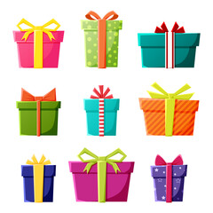 Vector set of gift boxes icons in color for New Year, Christmas or celebration party events.