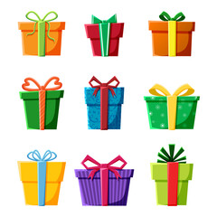 Vector set of gift boxes icons in color for New Year, Christmas or celebration party events.