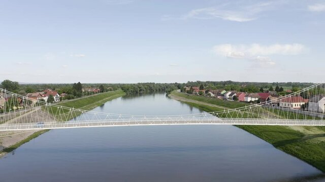 Aerial view of Martinska Ves bridge crossing Sava river at countryside Croatia.