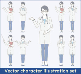 Fototapeta premium 医療・医者手描き風 白衣を着てマスクを付けた女性医師の全身イラストセット
