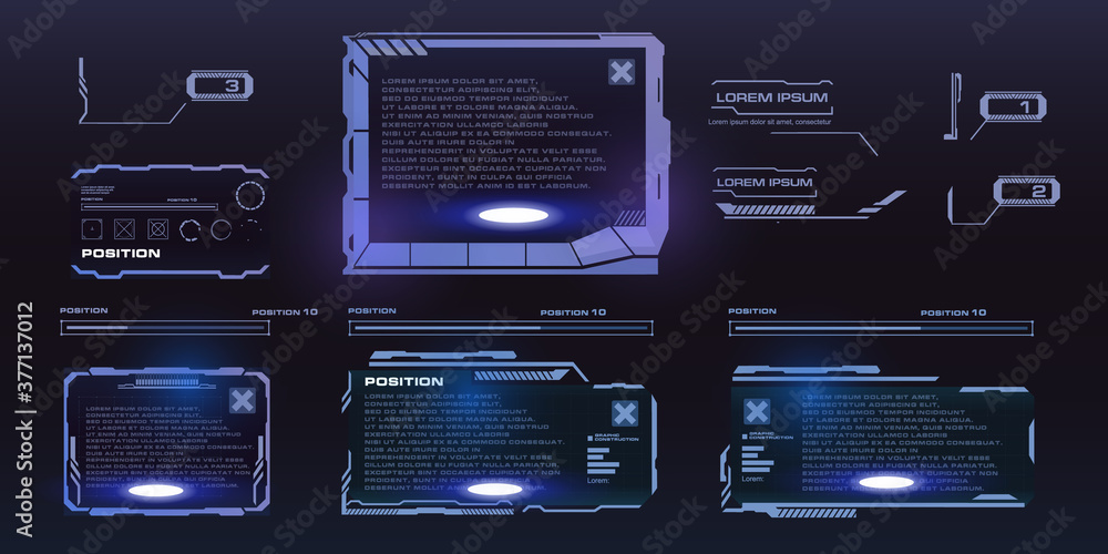 Poster set of futuristic frames for hud interface. headings, callouts, information blocks. holographic fram