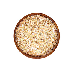 White dried uncooked oatmeal flakes in round wooden bowl isolated on white background.