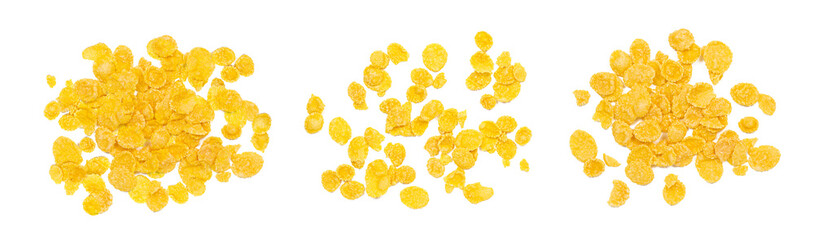 Top view of golden yellow crunchy corn flakes cereal heap set isolated on white background.