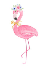 Cute flamingo with flower crown and bow tie ribbon, watercolor hand drawn illustration