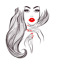 Beautiful sexy face, red lips, hand with red manicure nails, fashion woman, element design, nails studio, curly hairstyle, hair salon sign, icon. Beauty Logo. Vector illustration. Hand drawing style.