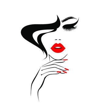 Beautiful woman face with red lips, lush eyelashes, hand with red manicure nails, black hair, stylish hairstyle. Beauty Logo. Nail art studio. Wallpaper background. Vector illustration.