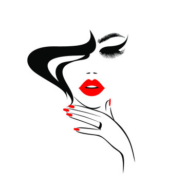 Beautiful woman face with red lips, lush eyelashes, hand with red manicure nails, black hair, stylish hairstyle. Beauty Logo. Nail art studio. Wallpaper background. Vector illustration.
