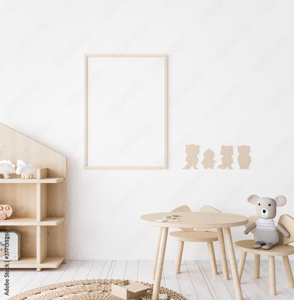 Poster mock up poster frame in children room, wooden farmhouse style, 3d render