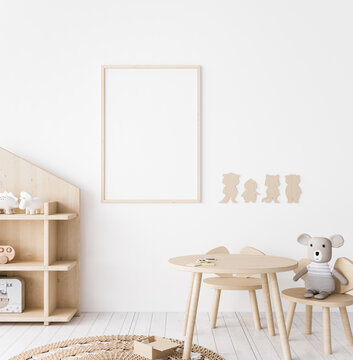 Mock up poster frame in children room, wooden farmhouse style, 3d render