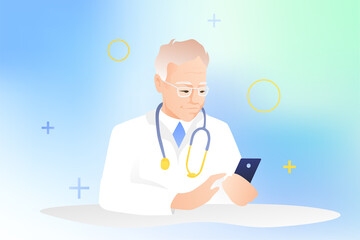 An elderly male doctor sits at a table with a smartphone and consults patients online. Grandpa in glasses and a white robe with a mobile. Medical staff concept.