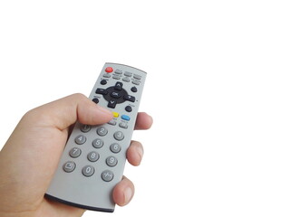 Hand holding remote control tv on white background.