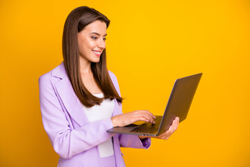 Profile photo of nice business lady holding notebook hands chatting with colleagues partners corporate questions wear lilac office suit isolated yellow color background