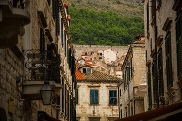 Fototapeta na wymiar Detalles de ventanas y tejados de teja rojiza en calle medieval