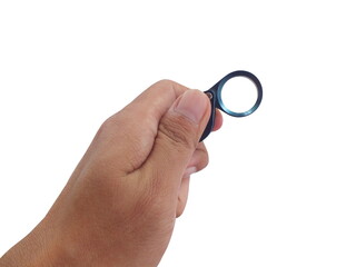 Hand holding magnifying glass for diamonds. or see the amulet. Isolated on white background.