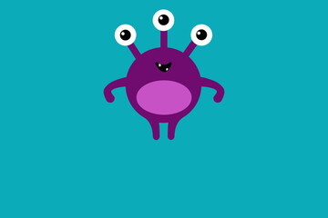 Cute cartoon monster with three eyes on blue background without text . Happy Halloween card. Flat design