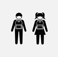 School children wearing protective face mask icon. school kids symbol for coronavirus pandemic. schoolboy and schoolgirl with face mask and backpack. Classmates icon during COVID-19