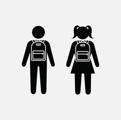 School children icon, classmates silhouette, school kids symbol. schoolboy and schoolgirl with backpacks. Pupils icon set.  Classmates icon, vector illustration.  