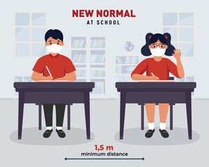 Social distancing in the school. Coronavirus COVID-19 Guidance for Schools. New rules, new normal for school. students wearing face mask and maintaing safe distance. Students sitting in the classroom
