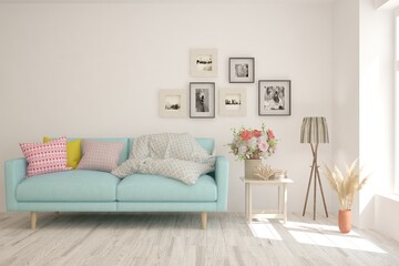 White living room with sofa. Scandinavian interior design. 3D illustration