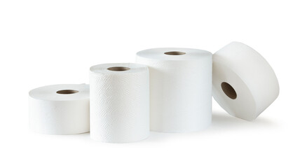 Rolls of toilet paper and paper towels isolated on white background