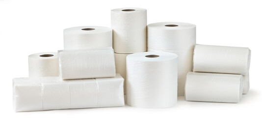 Rolls of toilet paper, paper towels and packs of napkins isolated on white background - 377139834