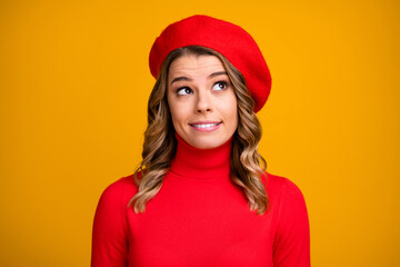 Close-up portrait of her she nice-looking attractive lovely cute cheerful creative wavy-haired girl thinking choosing options isolated over bright vivid shine vibrant yellow color background