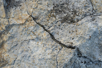 Texture of a rough natural stone of gray and brown color, selective focus.