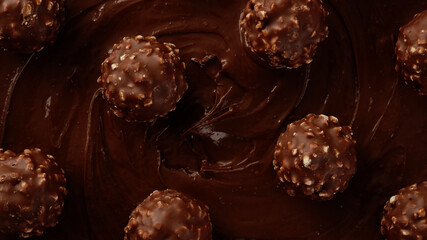 chocolate candies on melted chocolate, top view