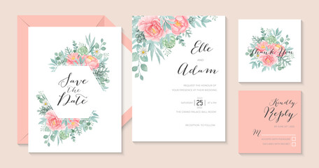 Romantic watercolor peony wedding invitation with artichoke and eucalyptus, wedding stationary template
