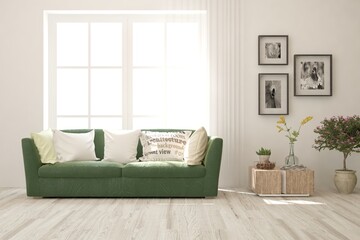 Naklejka premium White living room with sofa. Scandinavian interior design. 3D illustration