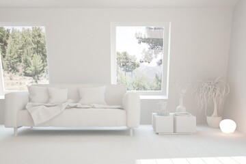 Fototapeta premium White minimalist living room with sofa. Scandinavian interior design. 3D illustration