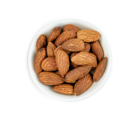 almonds natural roasted in the bowl isolated on white background ,include clipping path