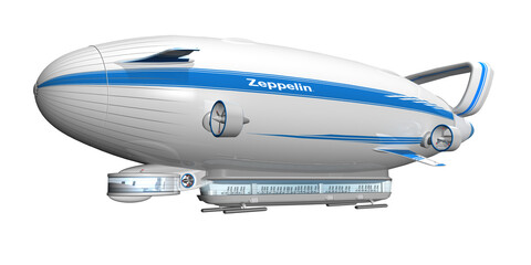 3d Zeppelin, Luftschiff mit Panoramagondel und Propeller, freigestellt