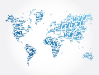 Fototapeta na wymiar Healthcare word cloud in shape of world map, health concept background