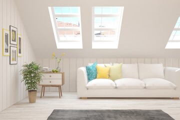 White living room with sofa. Scandinavian interior design. 3D illustration