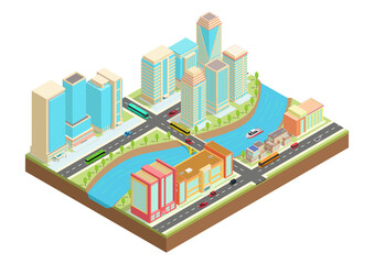 Isometric illustration of a city with a river