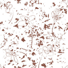 Seamless pattern with abstract sketch flowers in brown colors on grunge stain white background