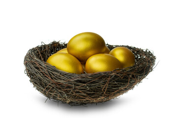 Golden eggs in decorative nest isolated at white background