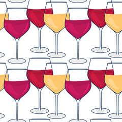 Glass with red and white Wine. Vector seamless pattern. Hand drawn wineglass illustrations isolated on backgound.